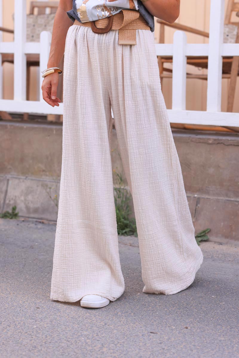 Pantalón ancho crudo de gasa de algodón texturizado con cinturilla elástica