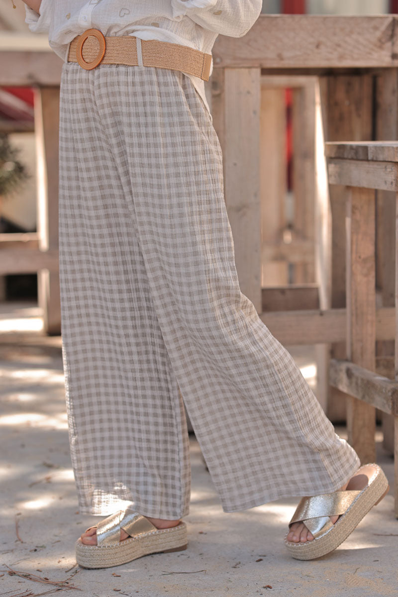 Beige Gingham Gauze Belted Pants
