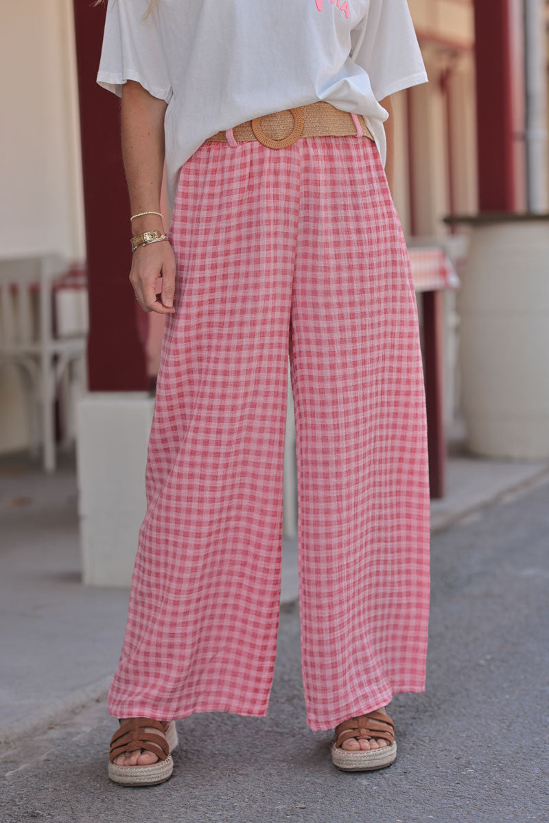 Pink Gingham Gauze Belted Pants