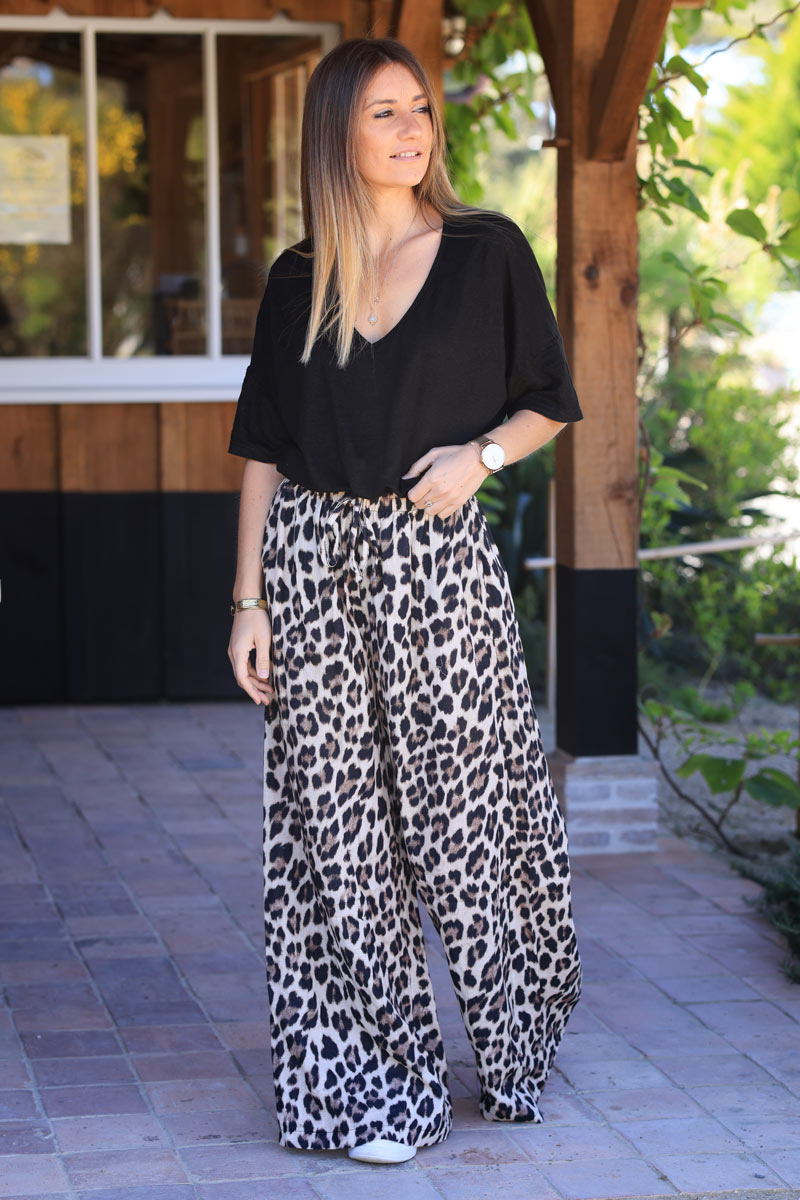 Pantalon large en gaze de coton ceinture élastique imprimé léopard