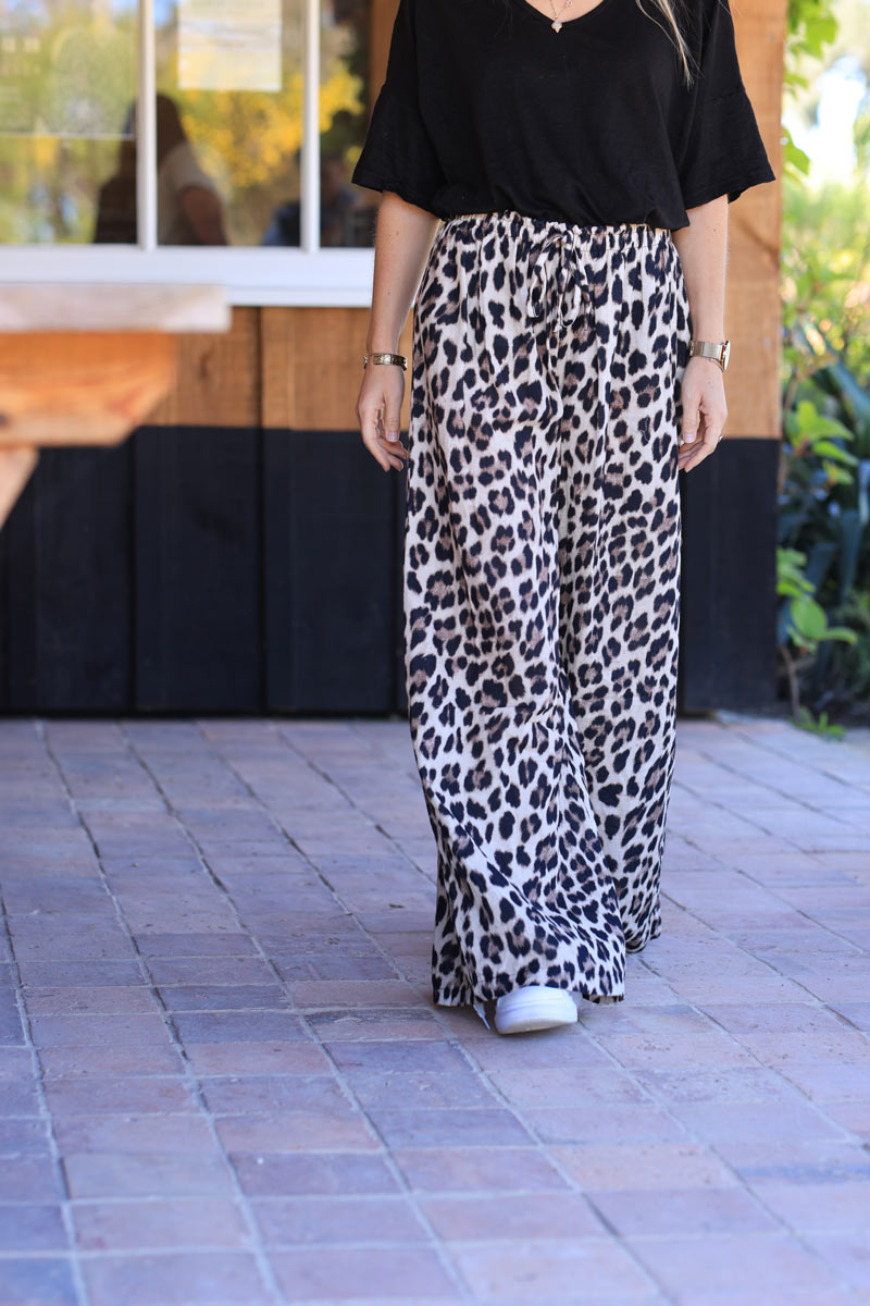 Pantalon large en gaze de coton ceinture élastique imprimé léopard