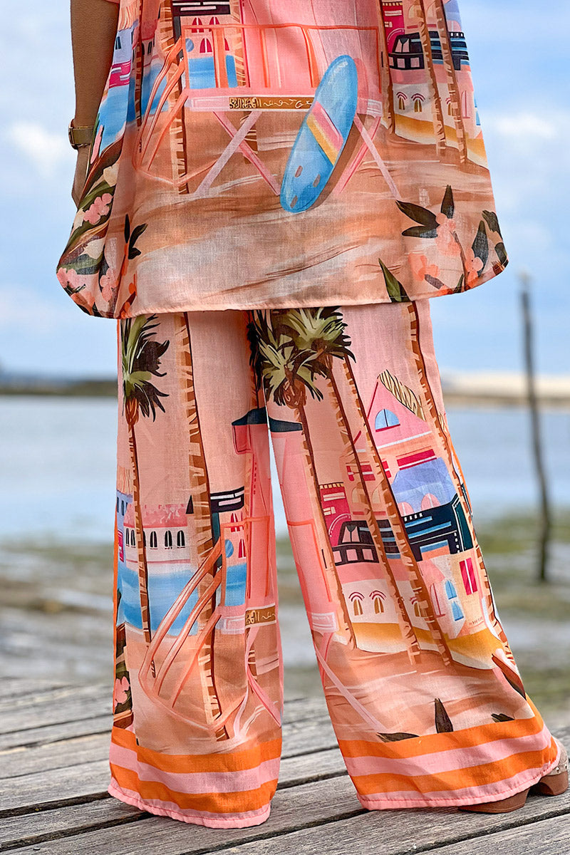 Pantalon large en lin mélangé imprimé vacances d'été rayures orange Amour