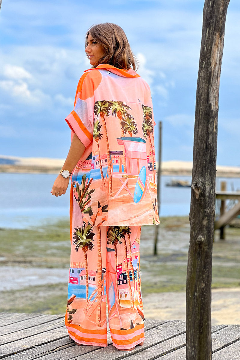 Pantalon large en lin mélangé imprimé vacances d'été rayures orange Amour