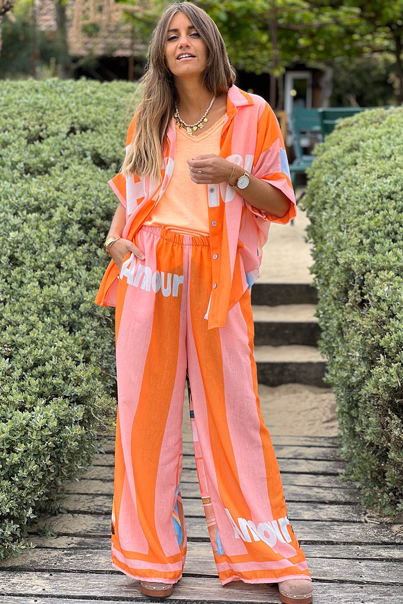Pantalon large en lin mélangé imprimé vacances d'été rayures orange Amour