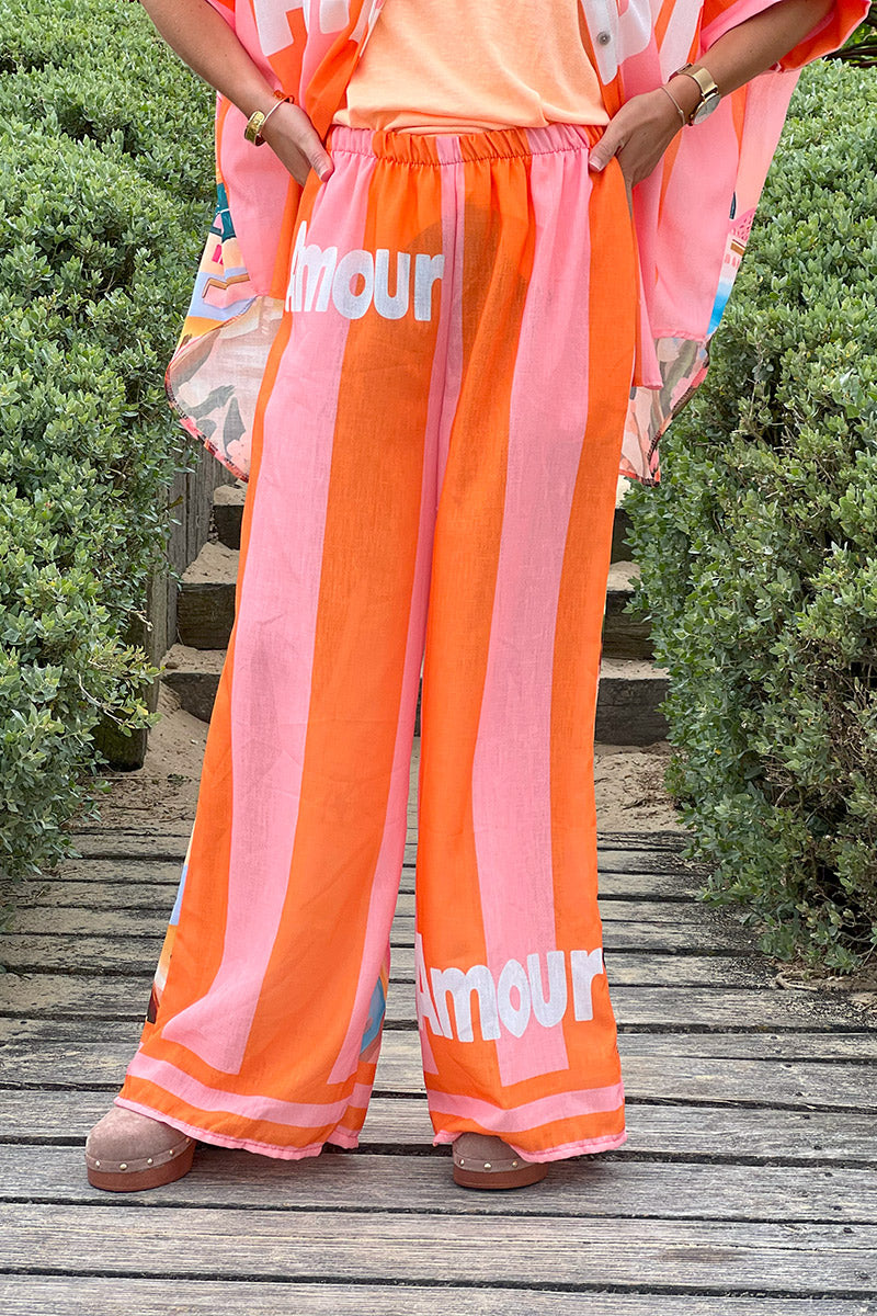 Pantalon large en lin mélangé imprimé vacances d'été rayures orange Amour
