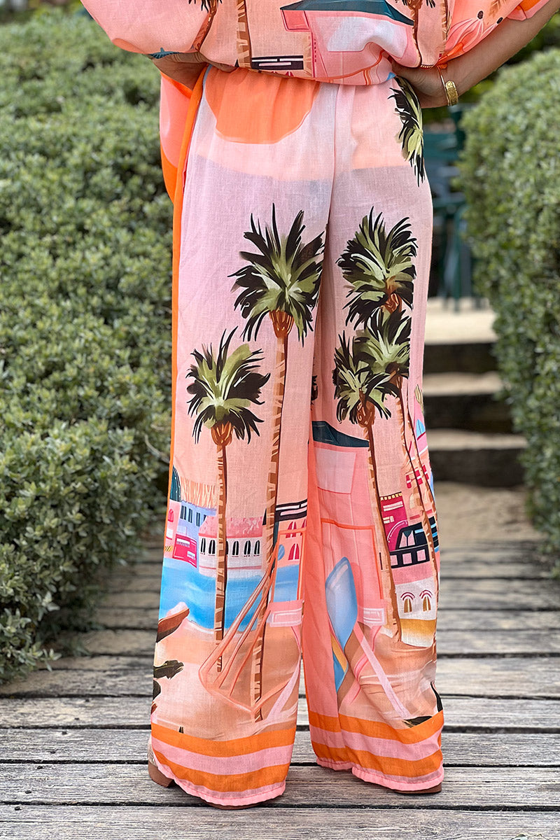 Pantalon large en lin mélangé imprimé vacances d'été rayures orange Amour
