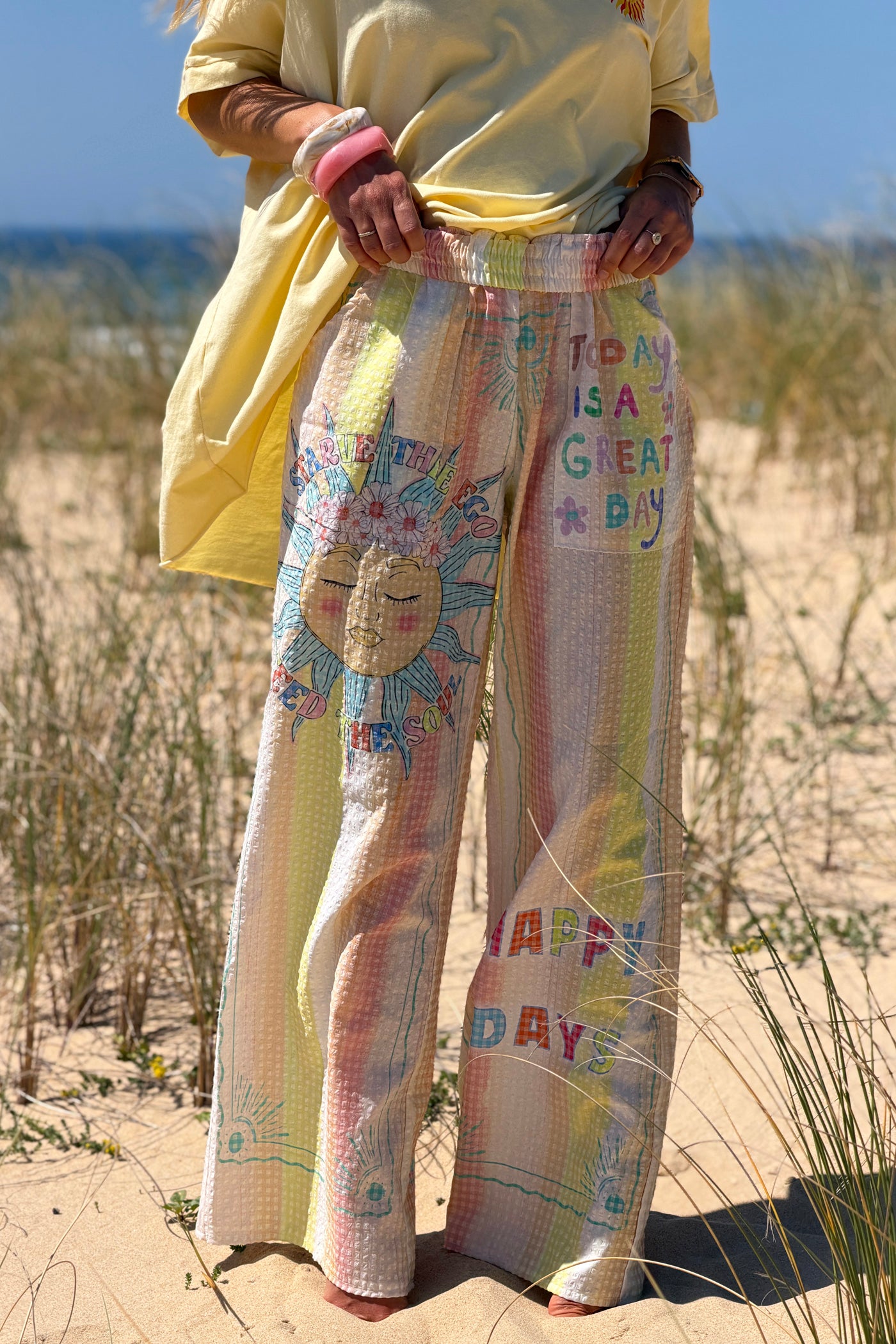 Yellow “Happy Days” Pastel Stripe Gauze Beach Pants