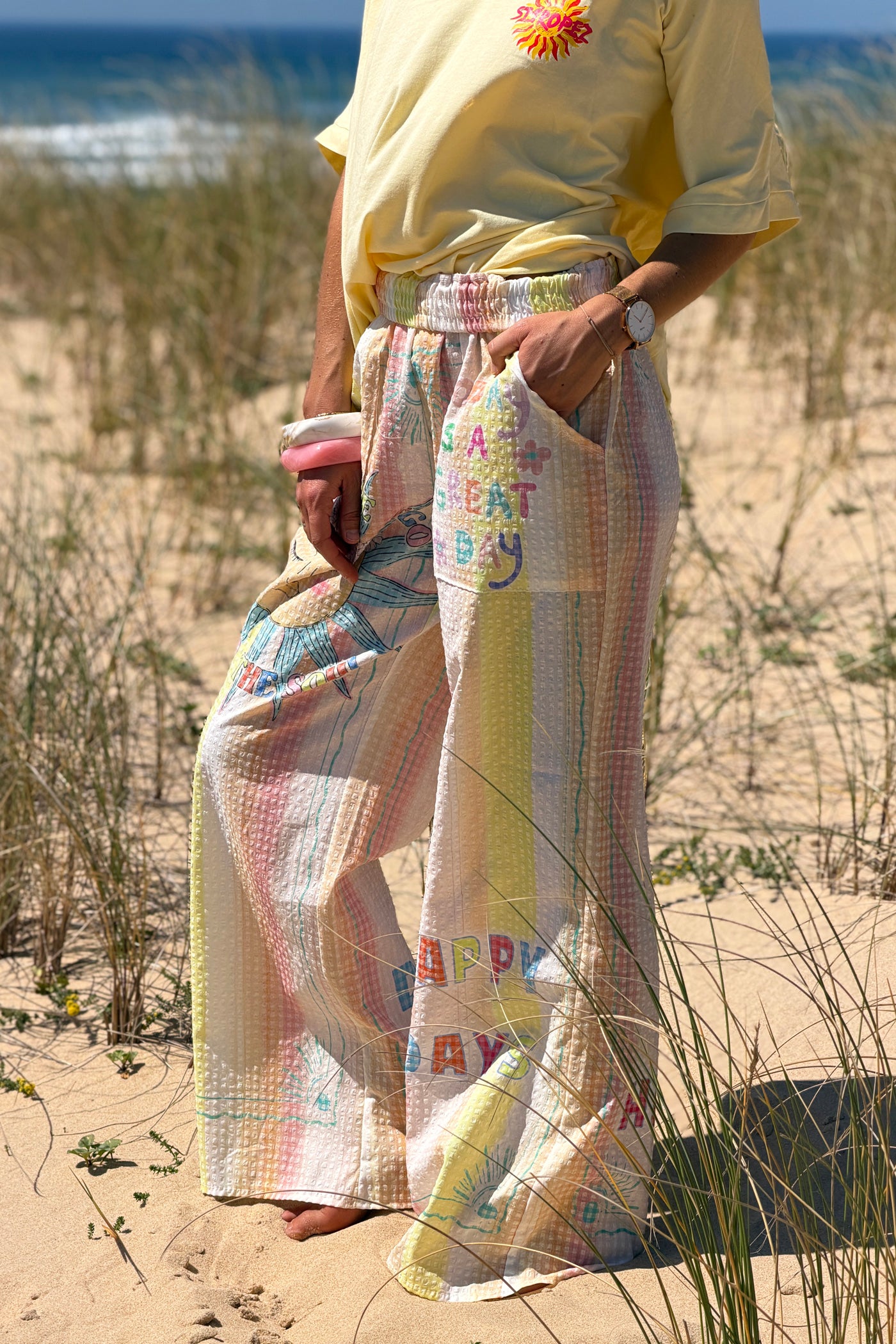 Yellow “Happy Days” Pastel Stripe Gauze Beach Pants