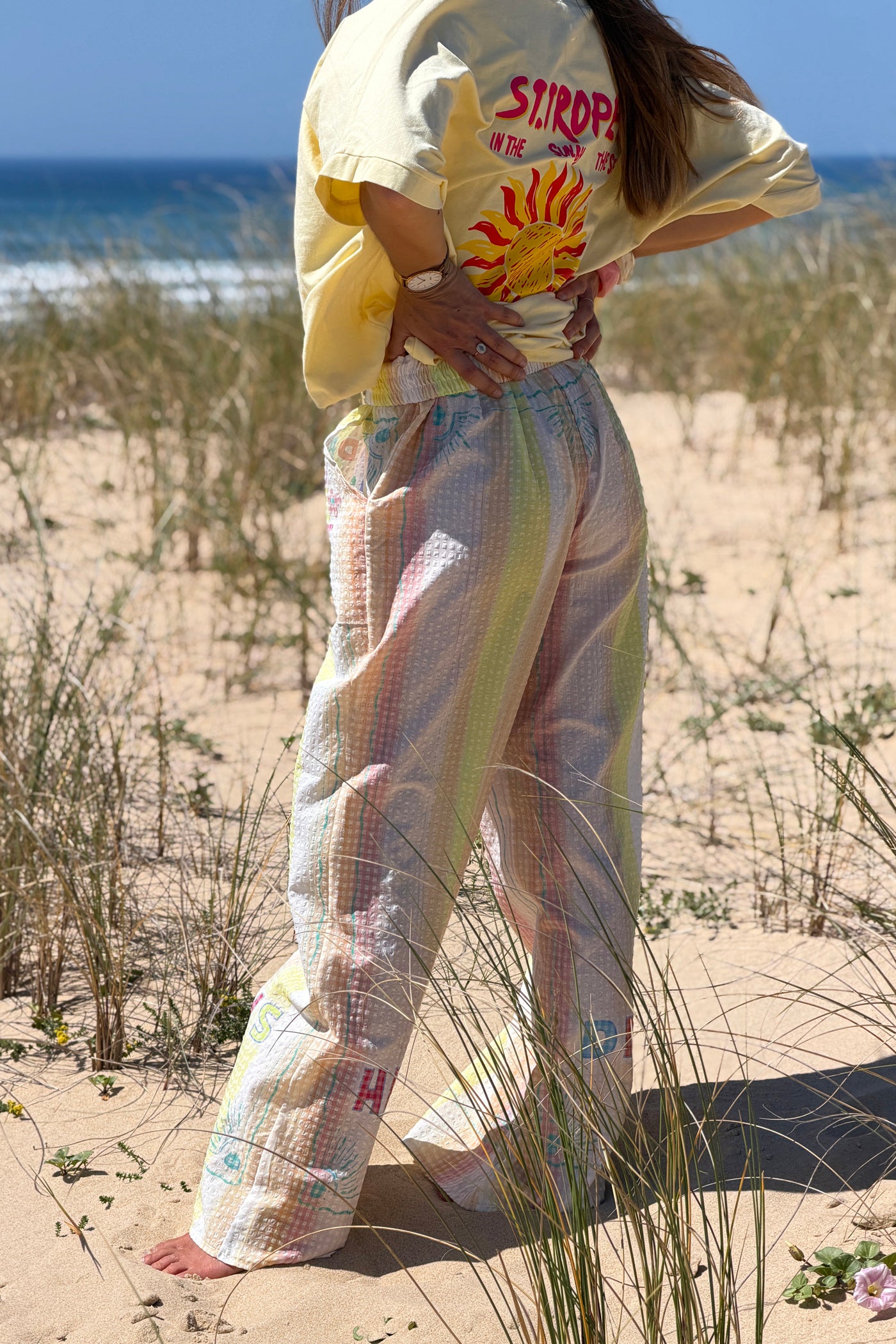 Yellow “Happy Days” Pastel Stripe Gauze Beach Pants