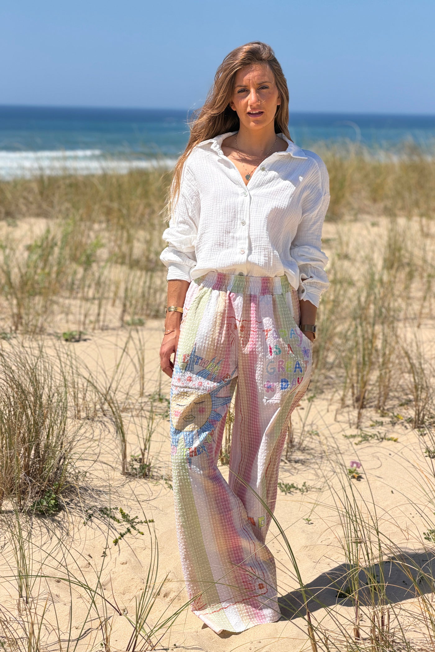 Pink “Happy Days” Pastel Stripe Gauze Beach Pants