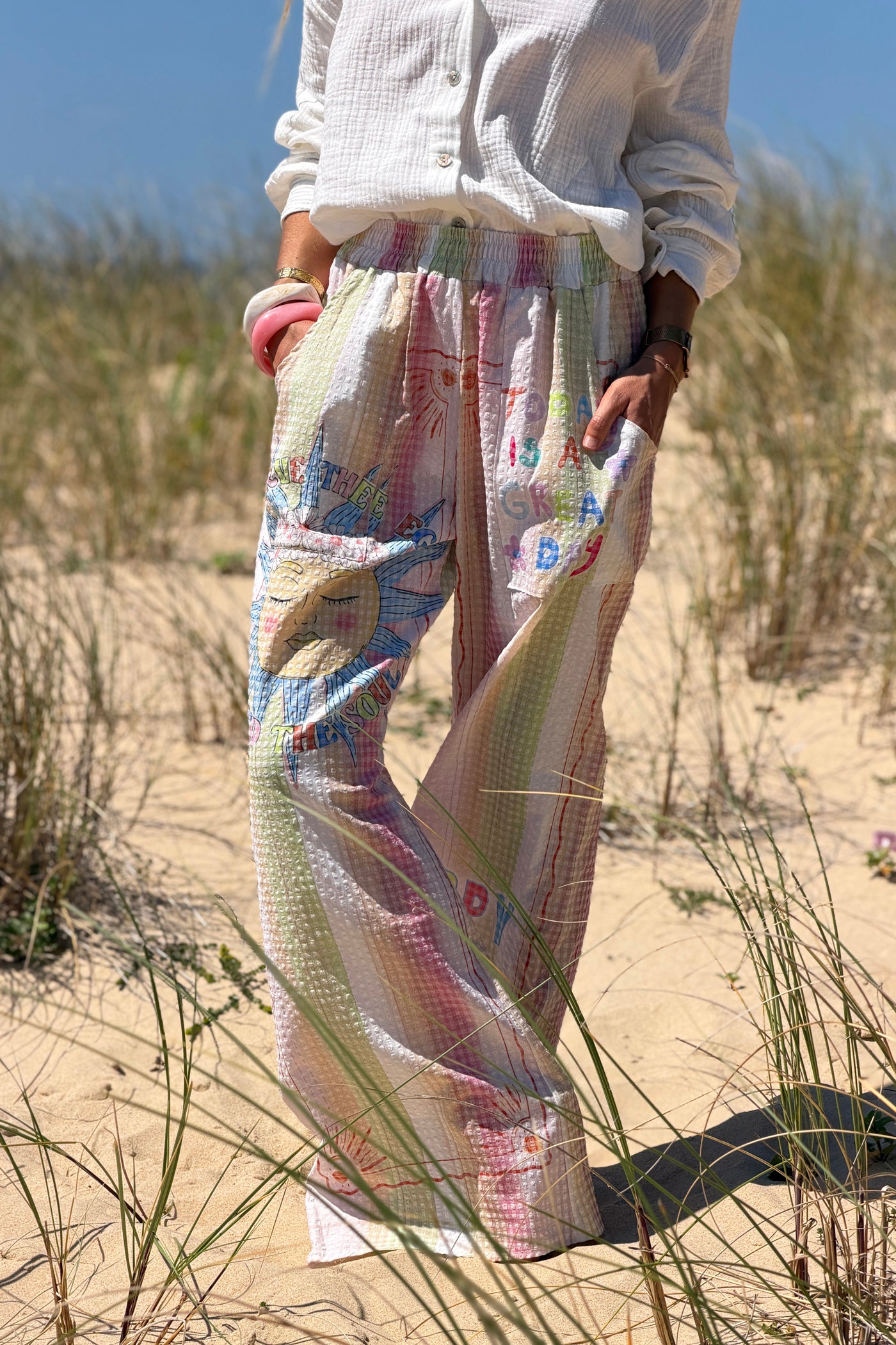 Pink “Happy Days” Pastel Stripe Gauze Beach Pants