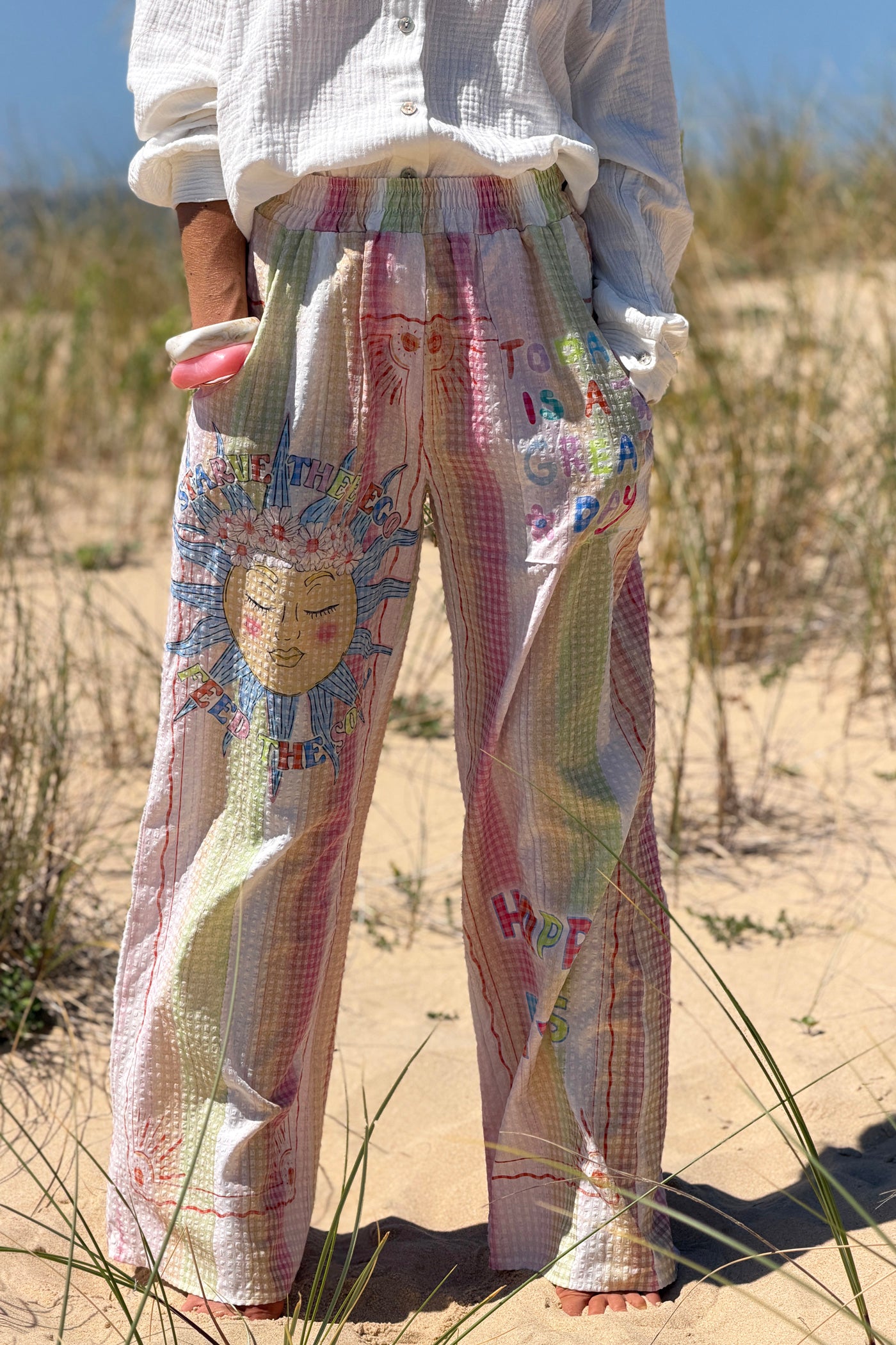 Pink “Happy Days” Pastel Stripe Gauze Beach Pants