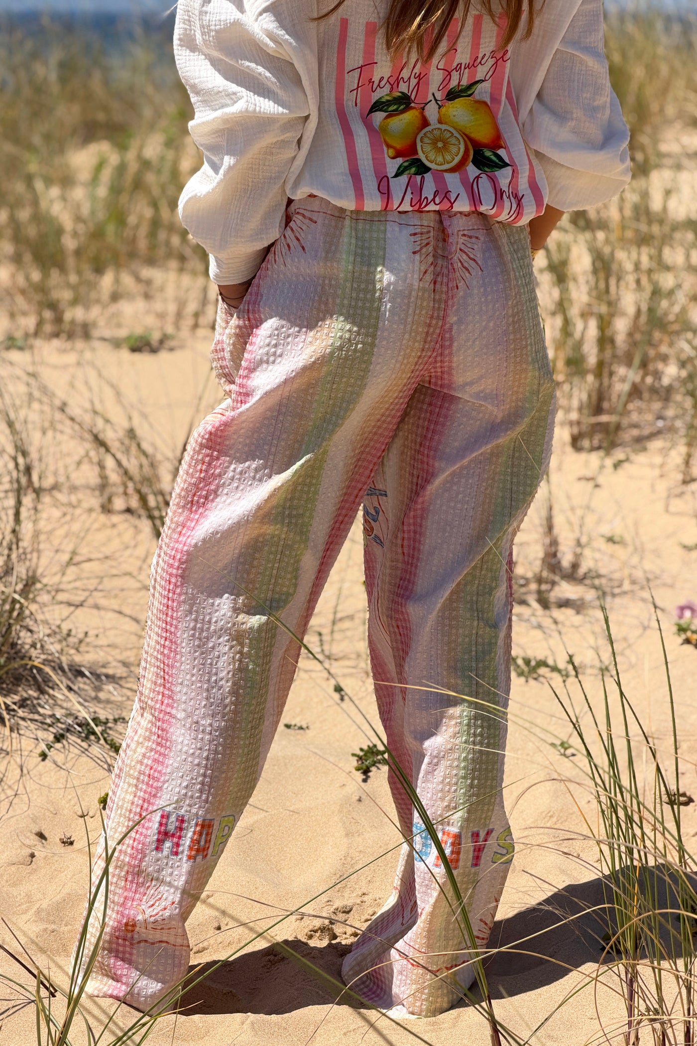 Pink “Happy Days” Pastel Stripe Gauze Beach Pants