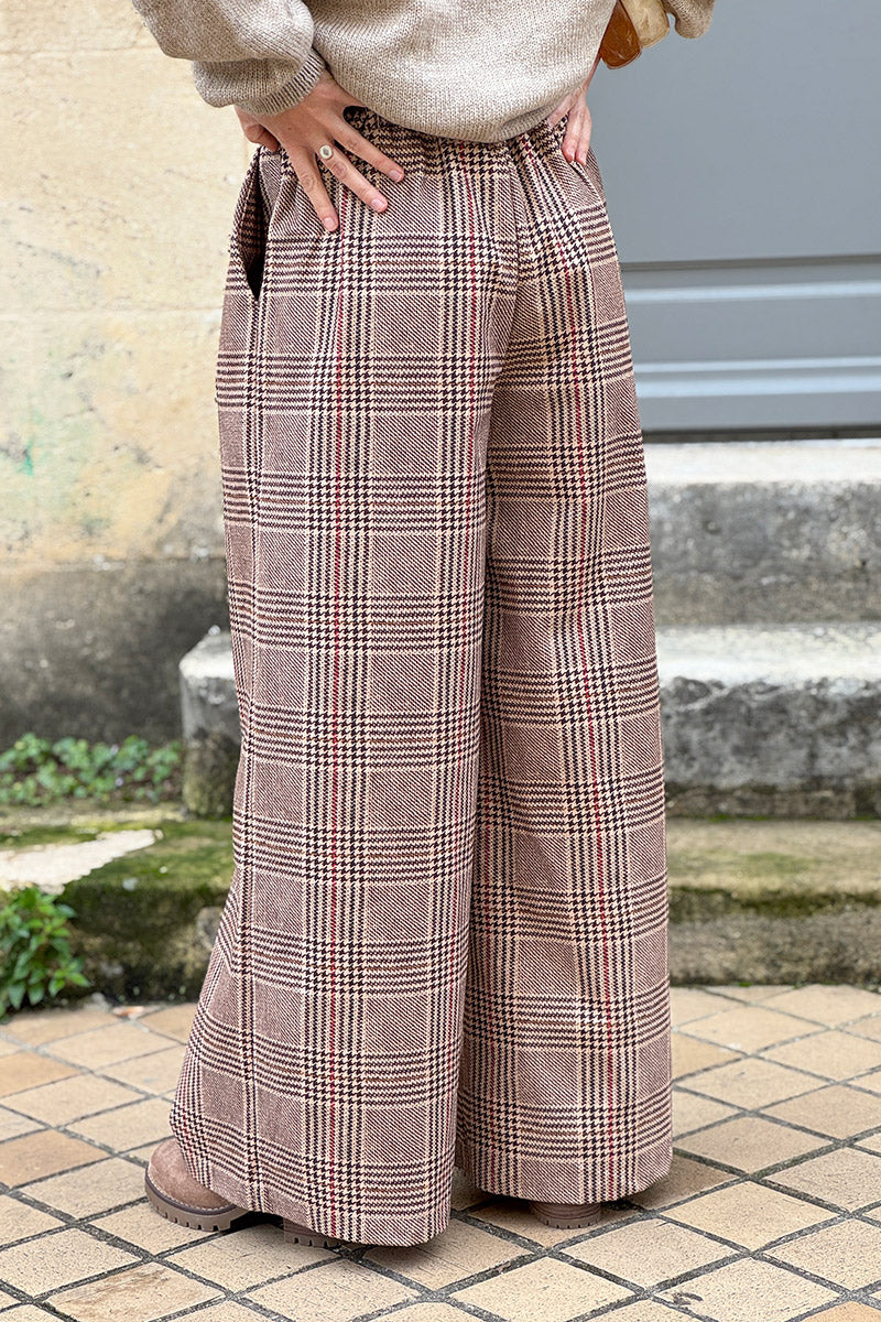Beige Tweed Plaid Pull-On Pants with Belt