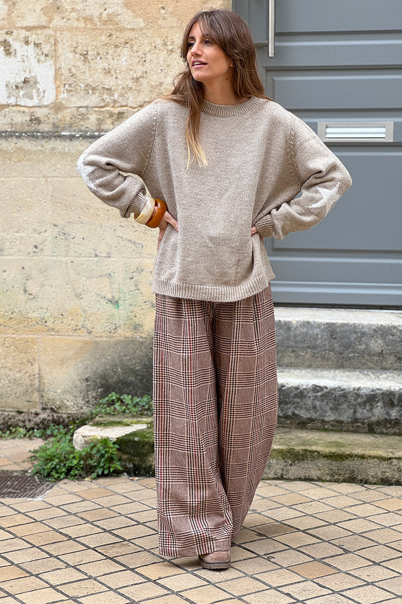 Beige Tweed Plaid Pull-On Pants with Belt