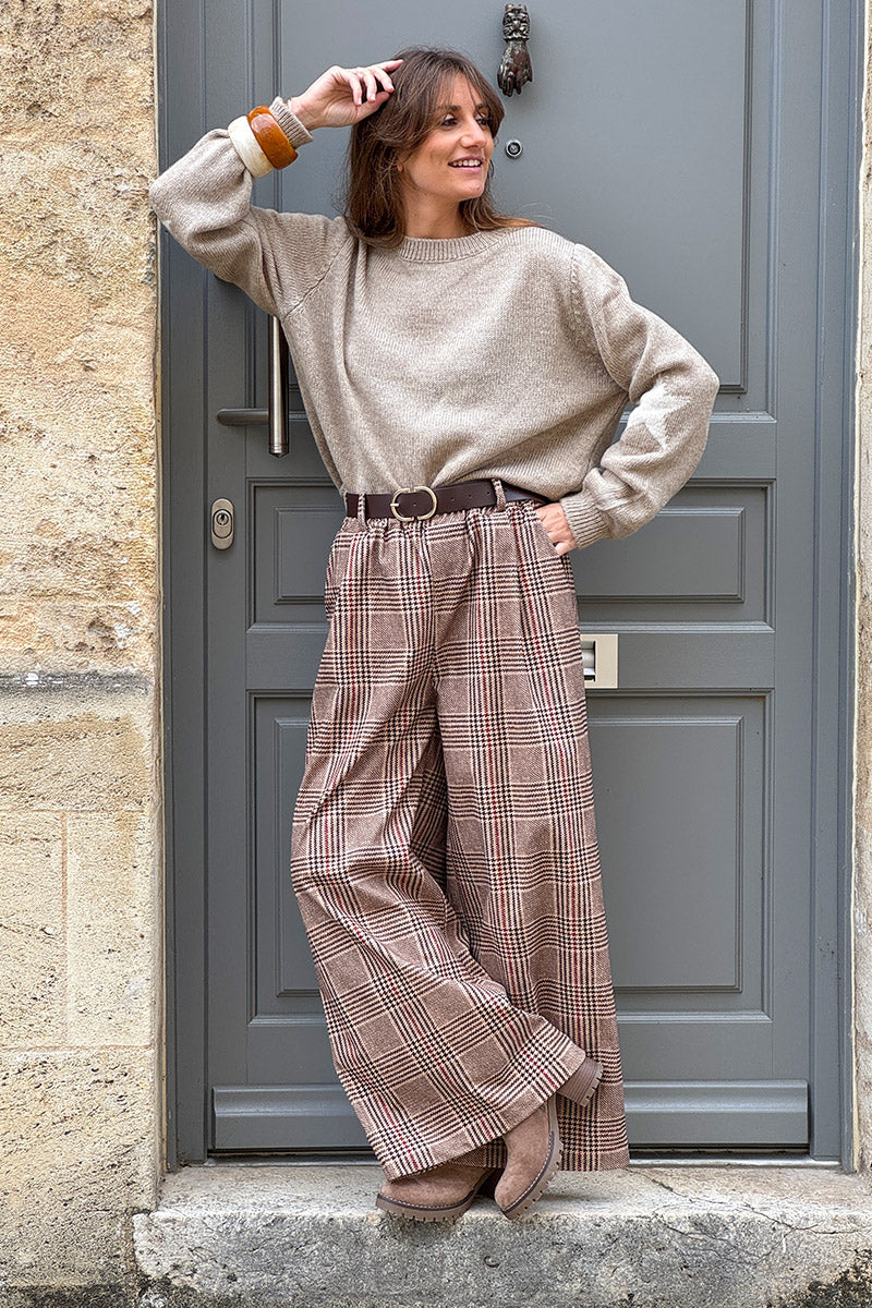 Beige Tweed Plaid Pull-On Pants with Belt