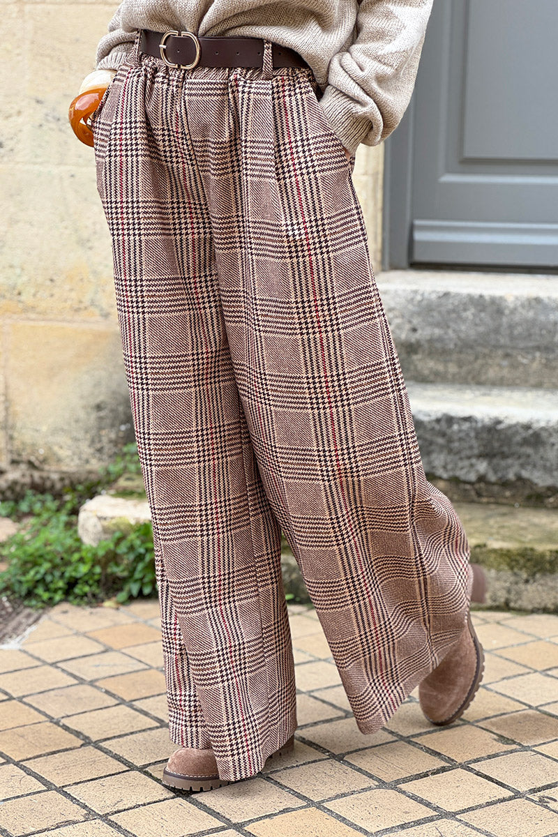 Beige Tweed Plaid Pull-On Pants with Belt
