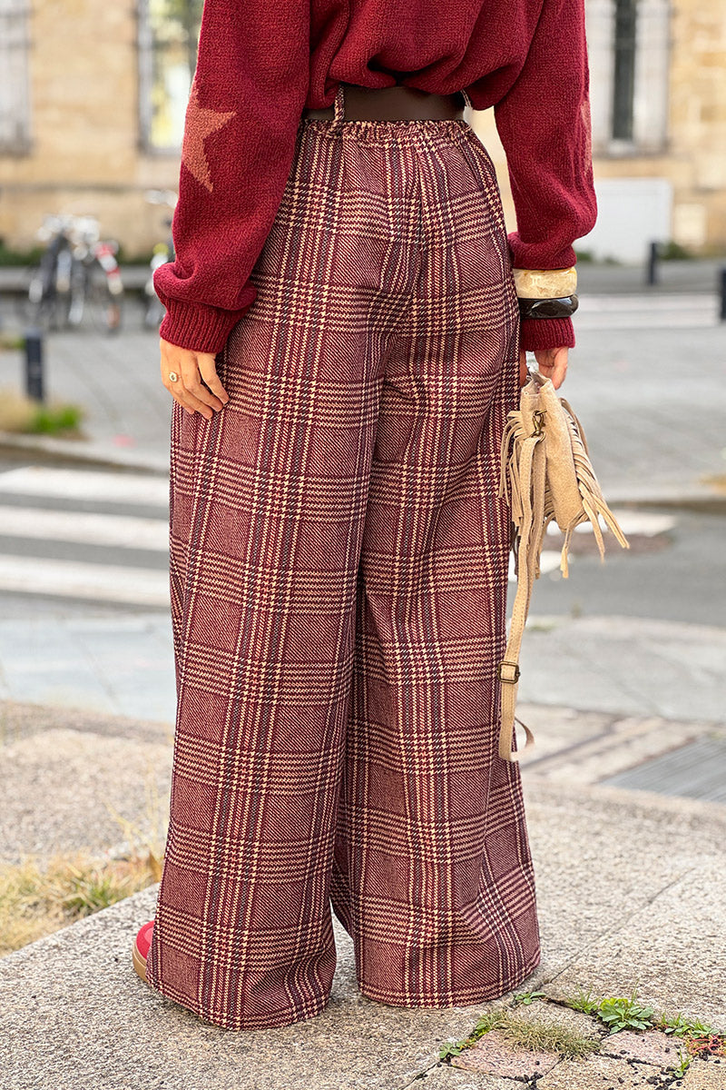 Burgundy Tweed Plaid Pull-On Pants with Belt