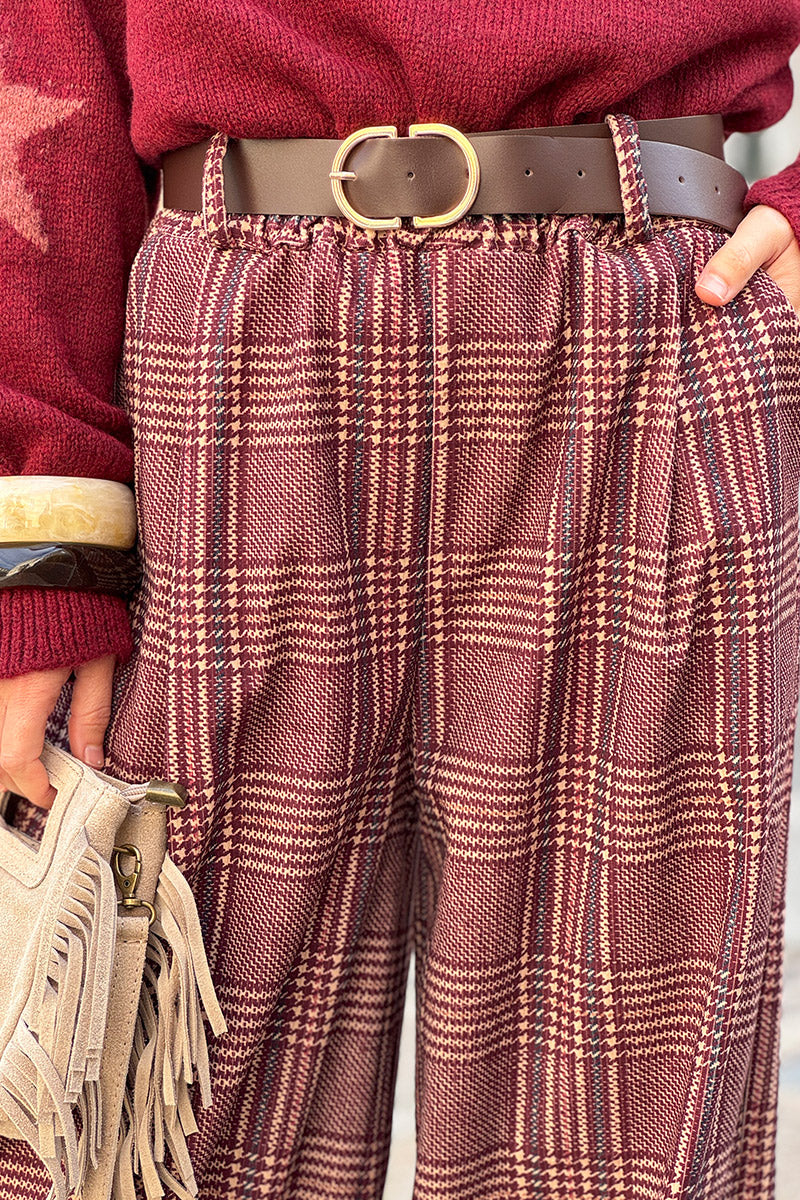 Burgundy Tweed Plaid Pull-On Pants with Belt