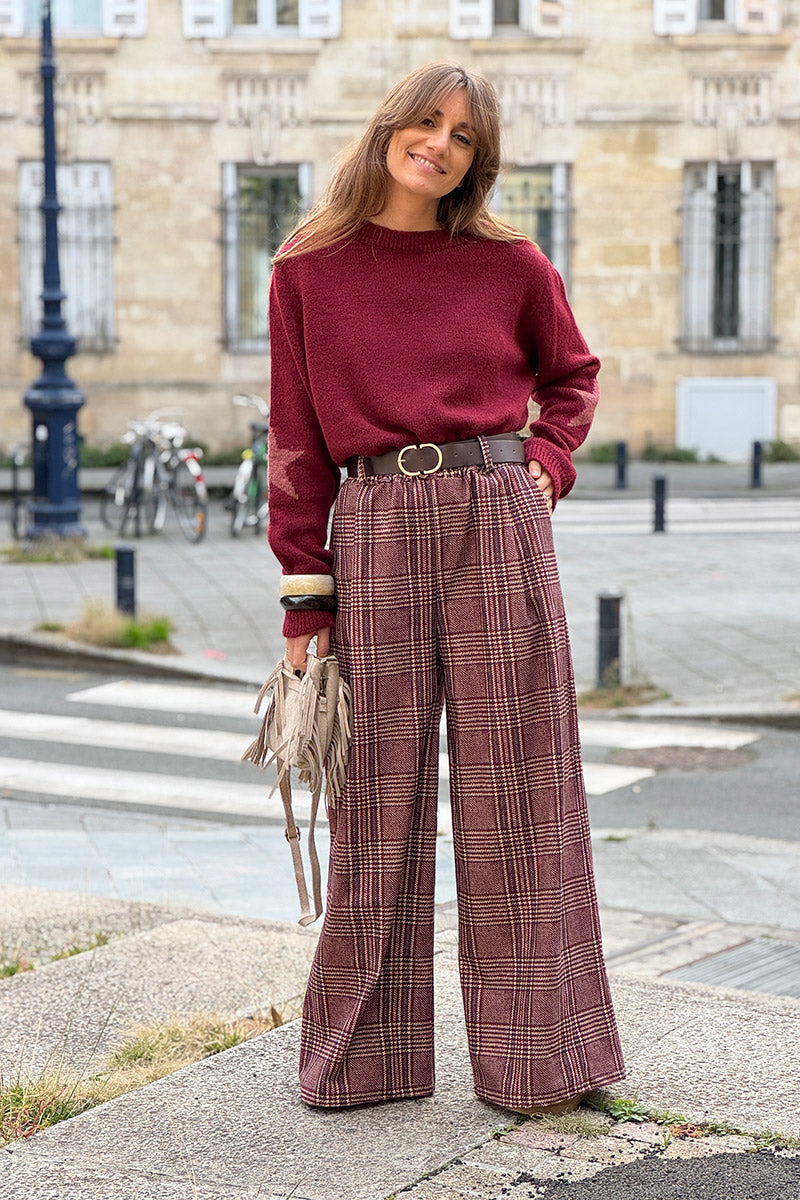 Burgundy Tweed Plaid Pull-On Pants with Belt