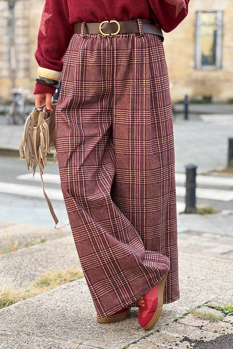 Burgundy Tweed Plaid Pull-On Pants with Belt