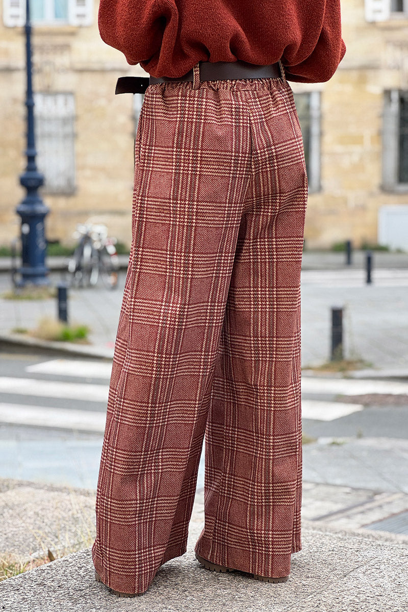 Burgundy Tweed Plaid Pull-On Pants with Belt