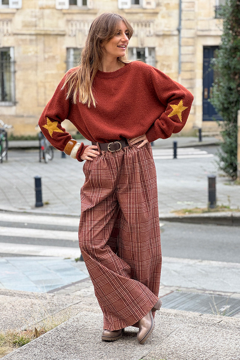 Camel Tweed Plaid Pull-On Pants with Belt