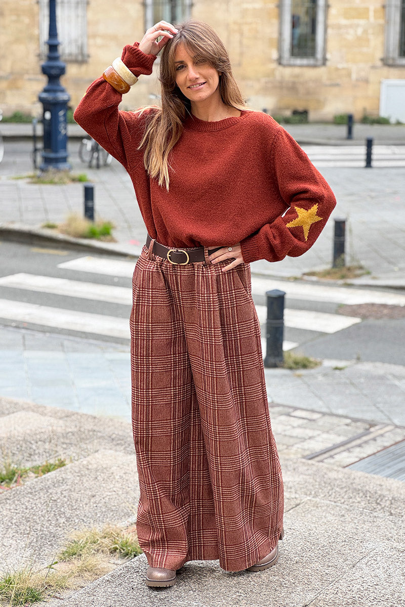 Camel Tweed Plaid Pull-On Pants with Belt