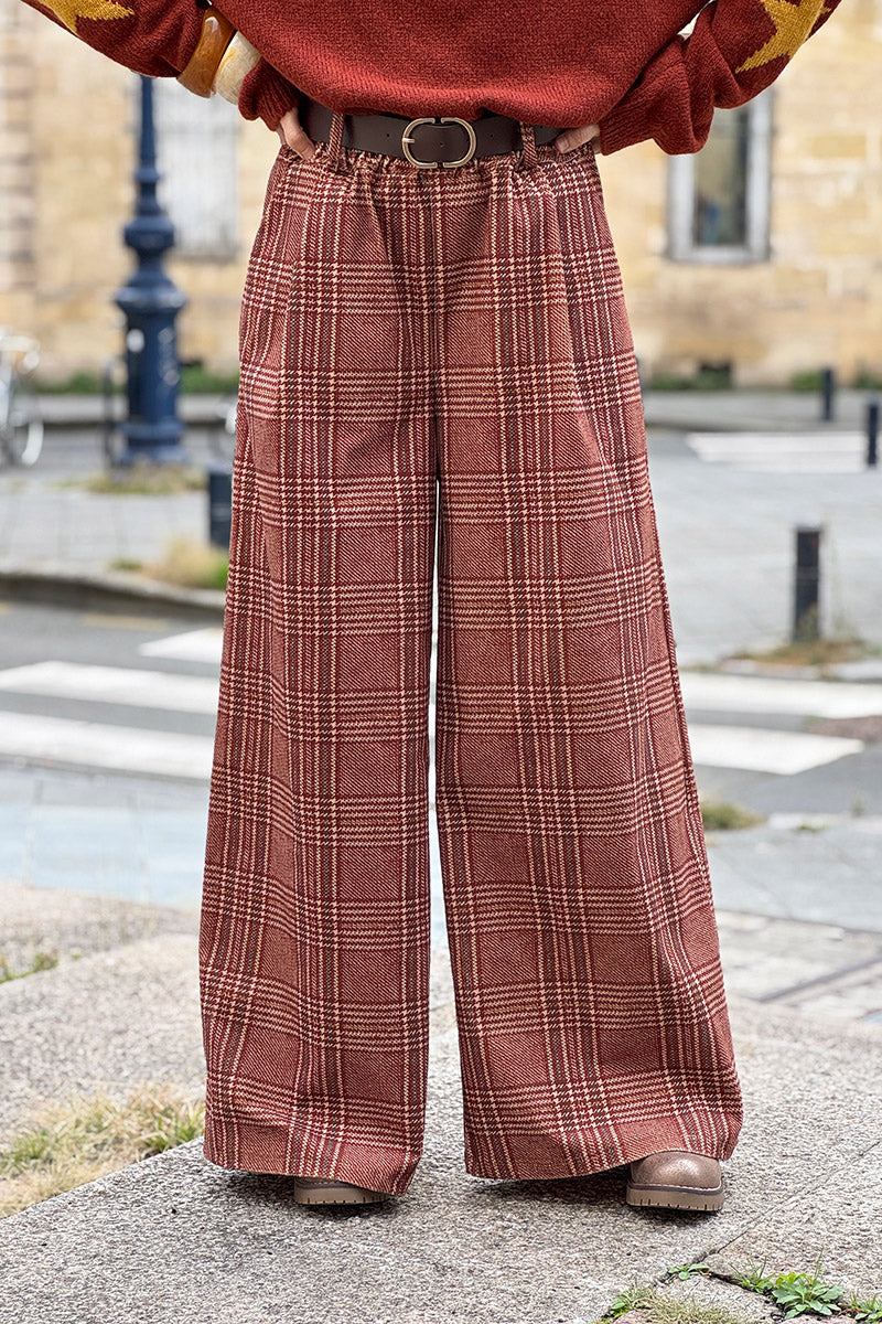 Camel Tweed Plaid Pull-On Pants with Belt