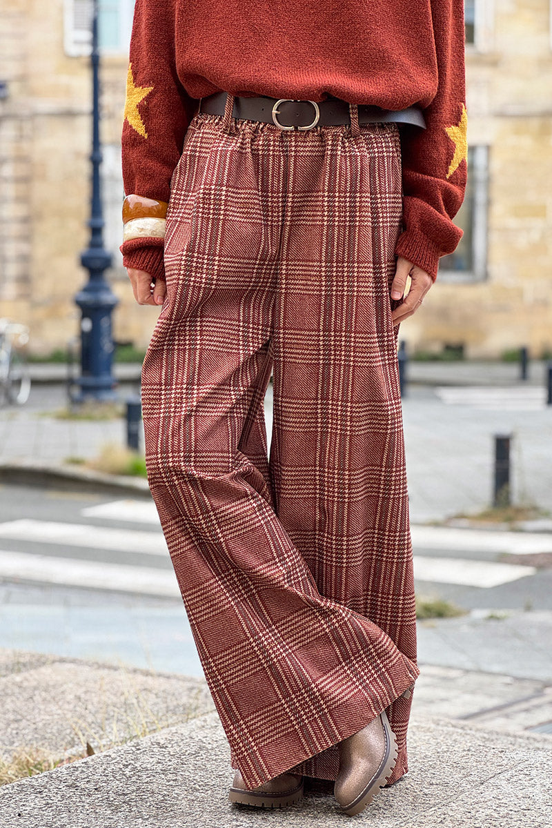 Camel Tweed Plaid Pull-On Pants with Belt