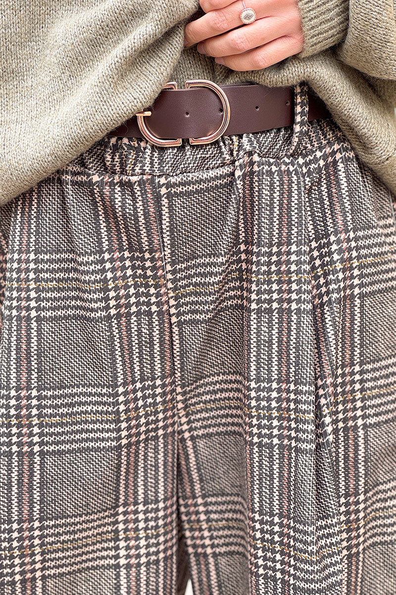 Olive Tweed Plaid Pull-On Pants with Belt