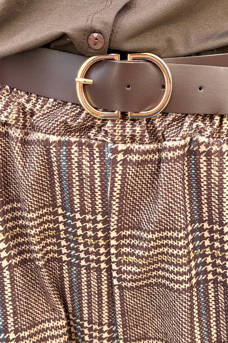 Brown Tweed Plaid Pull-On Pants with Belt