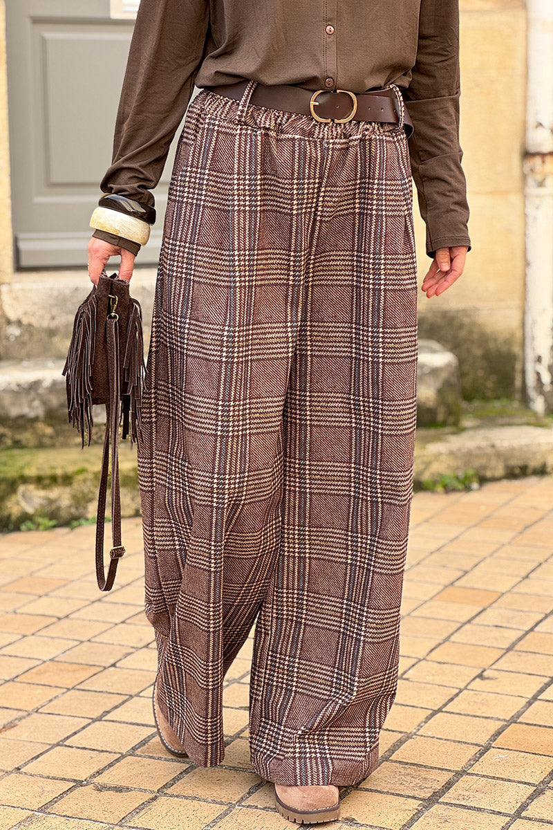 Brown Tweed Plaid Pull-On Pants with Belt