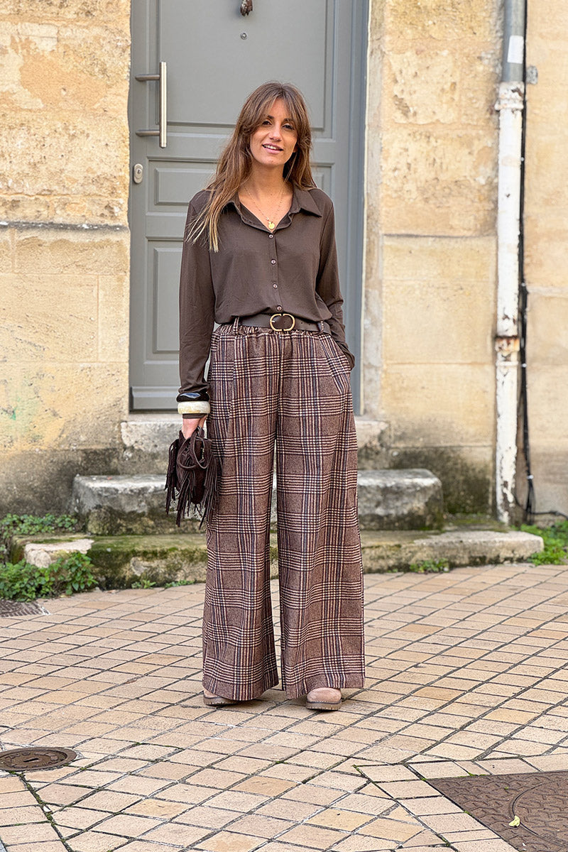 Brown Tweed Plaid Pull-On Pants with Belt