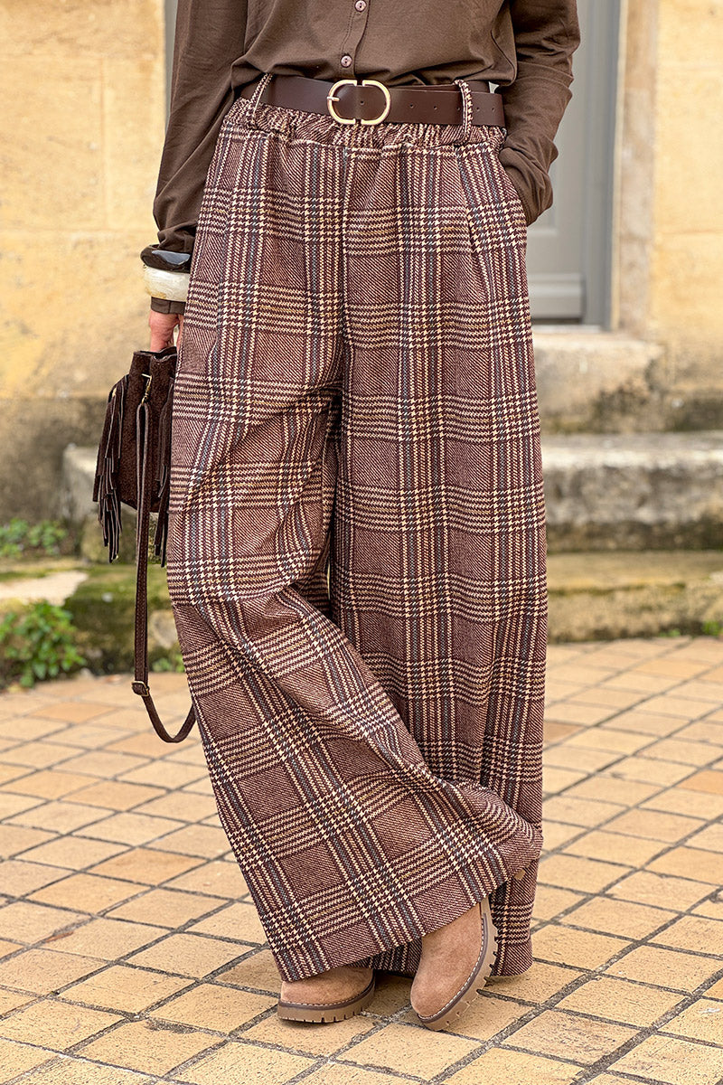 Brown Tweed Plaid Pull-On Pants with Belt