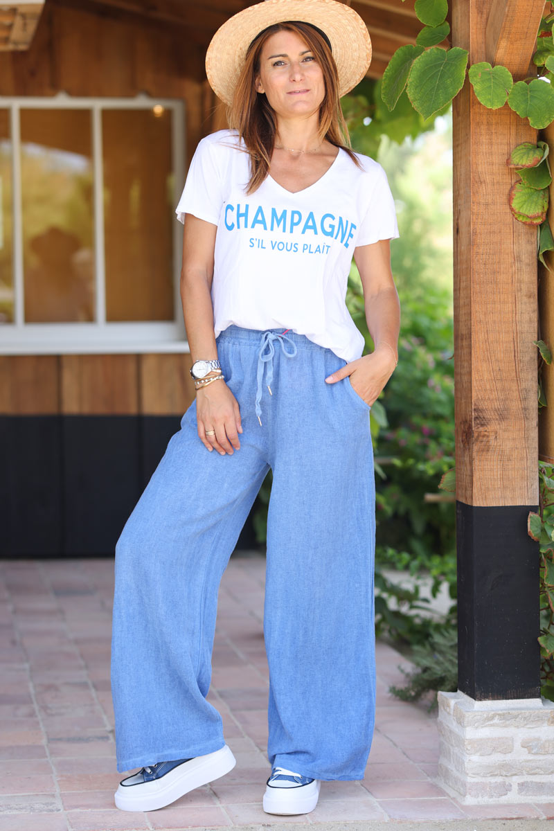 Pantalon large et fluide bleu en coton ceinture elastique h122 (1)