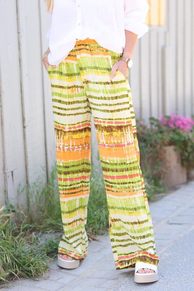 Pantalon large et fluide ceinture elastique rayures tons oranges H093 (1)