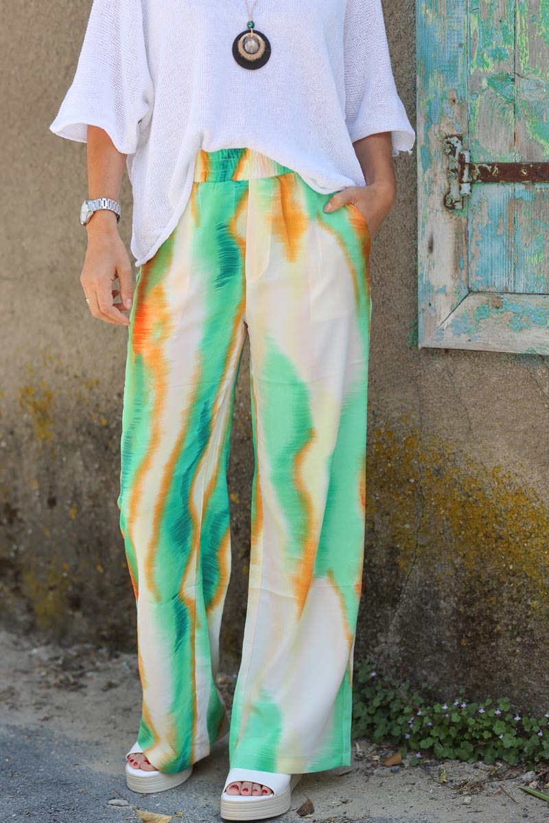 Pantalon large et fluide ceinture elastique tie and dye vert et orange H091 (1)