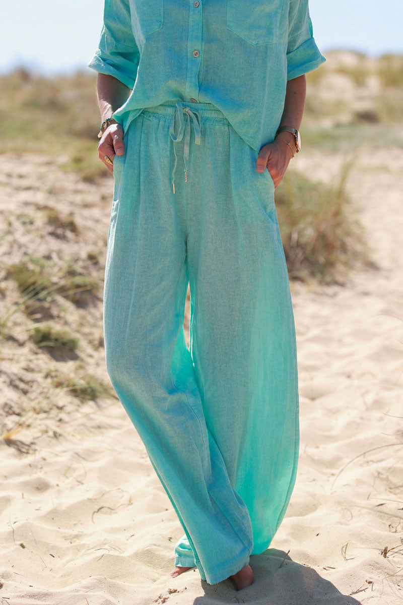 Pantalon large et fluide turquoise délavé en coton ceinture élastique
