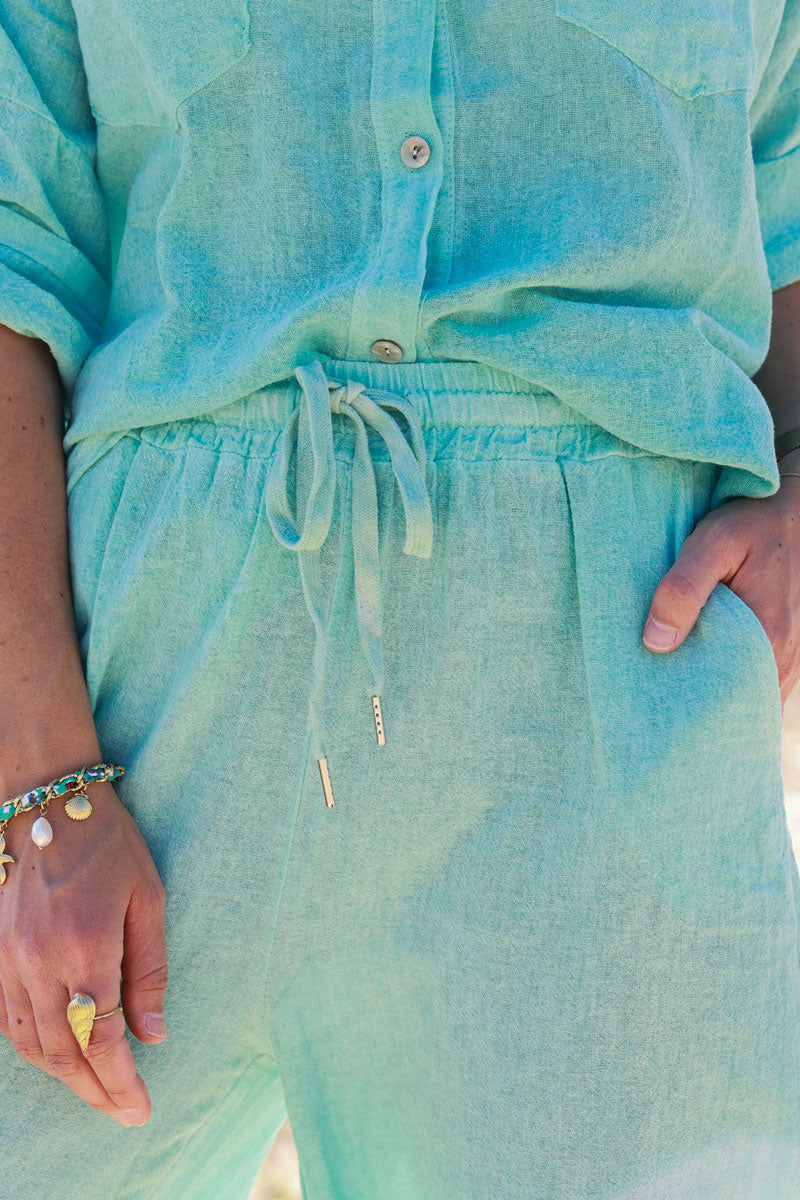 Pantalon large et fluide turquoise délavé en coton ceinture élastique