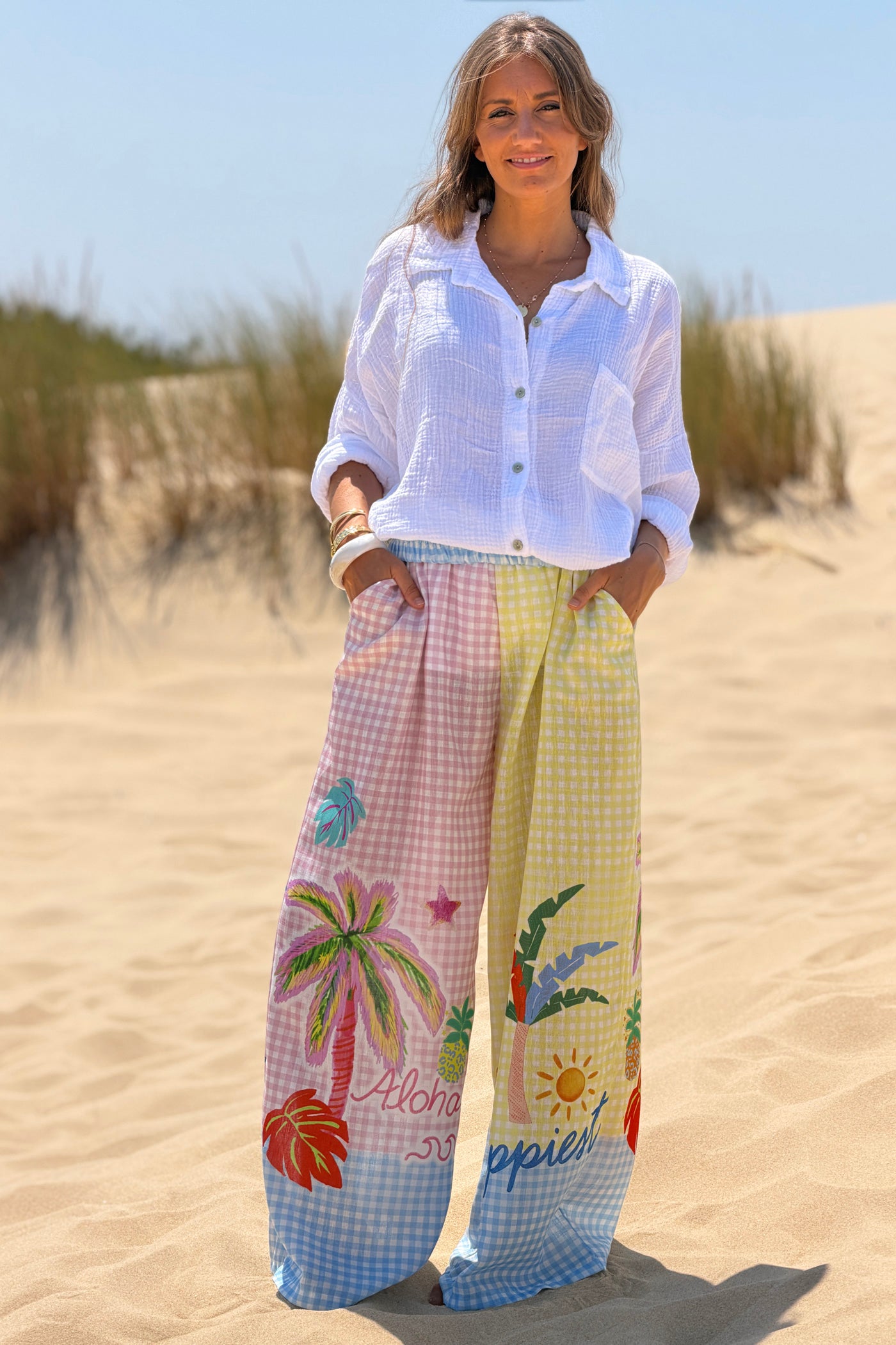 Pantalon large imprimé petits carreaux vichy rose et jaune palmier taille élastique