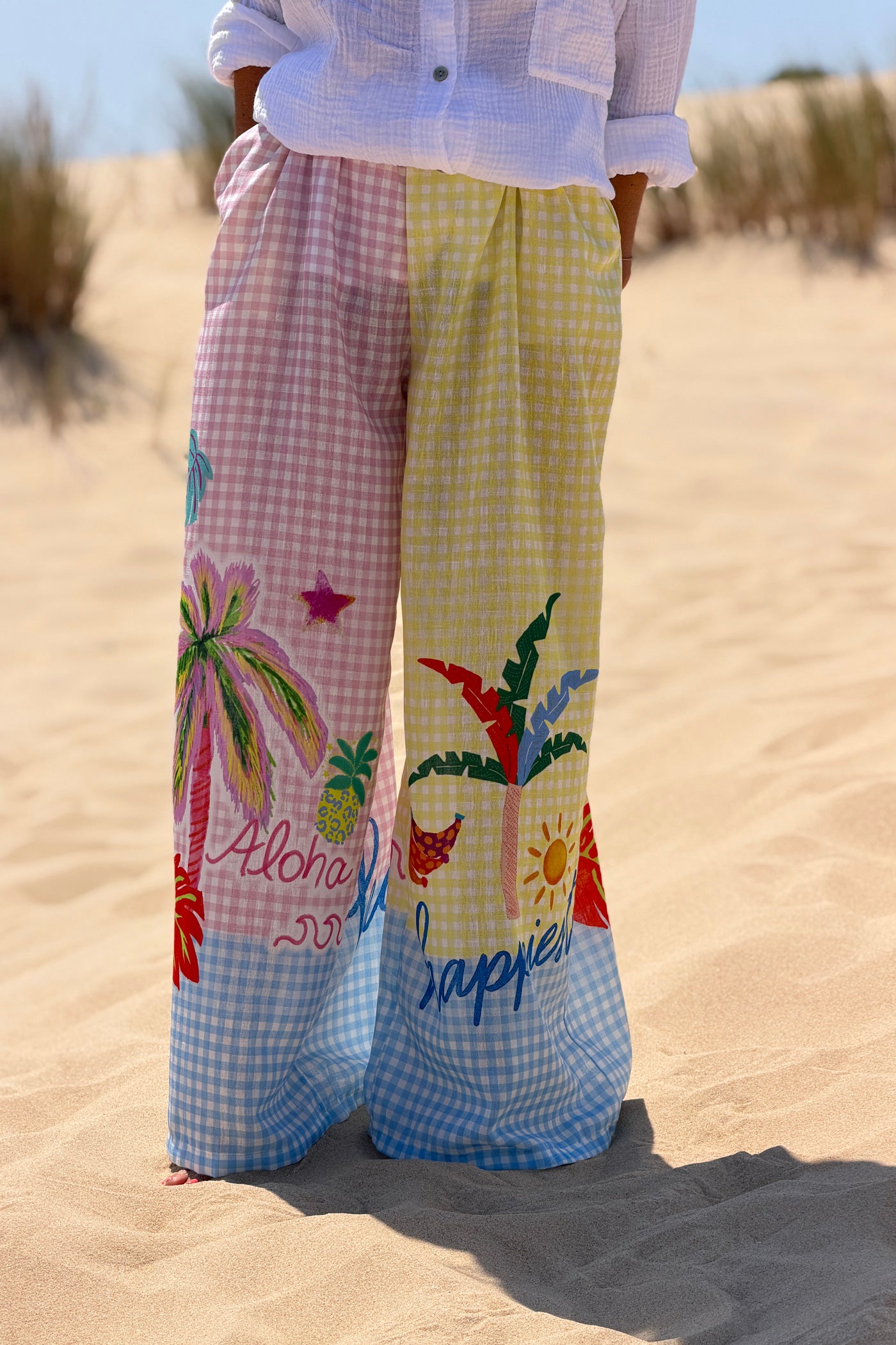 Pantalon large imprimé petits carreaux vichy rose et jaune palmier taille élastique