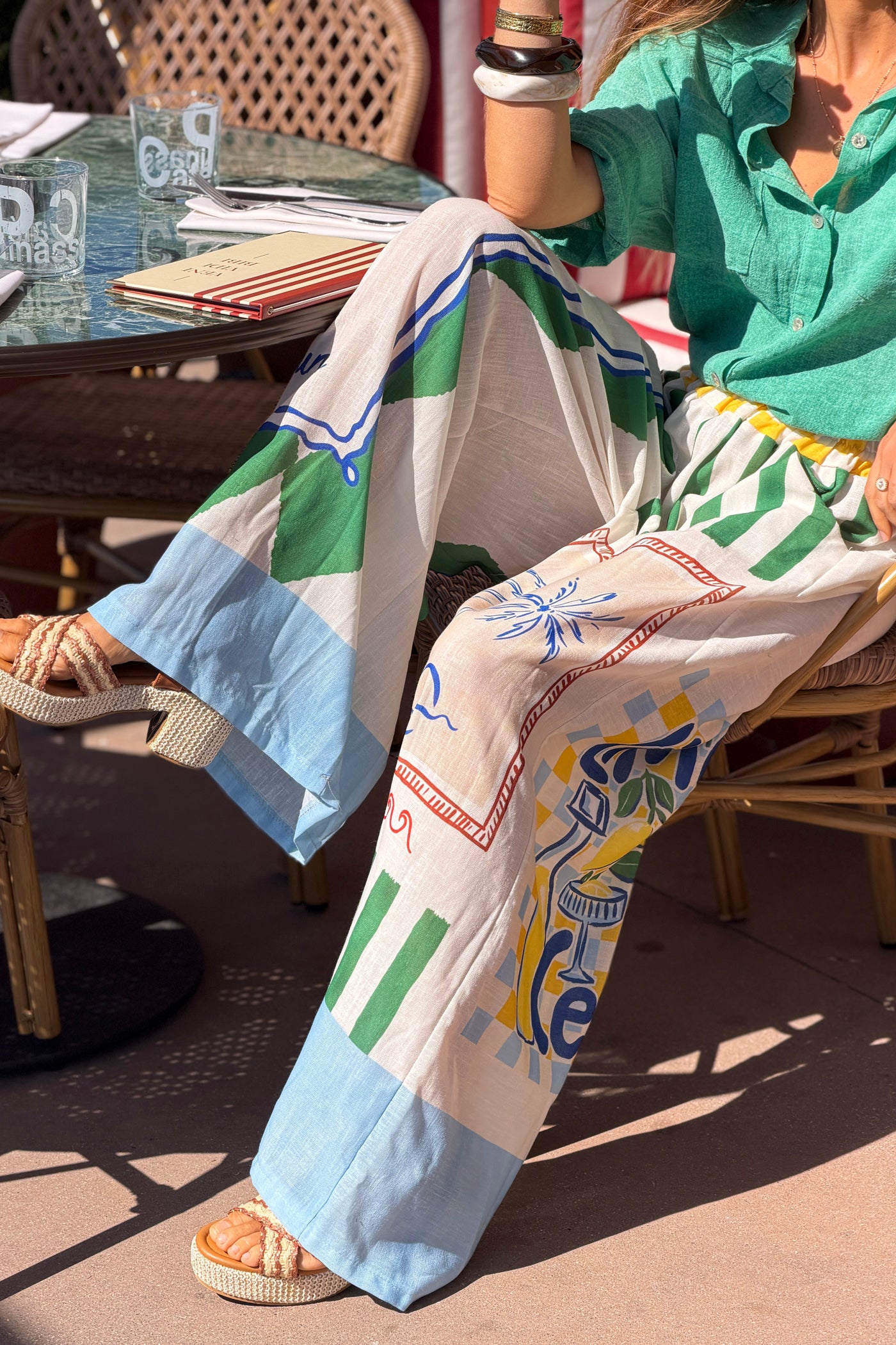 Pantalon large imprimé vert et bleu palmiers Limoncello taille élastique