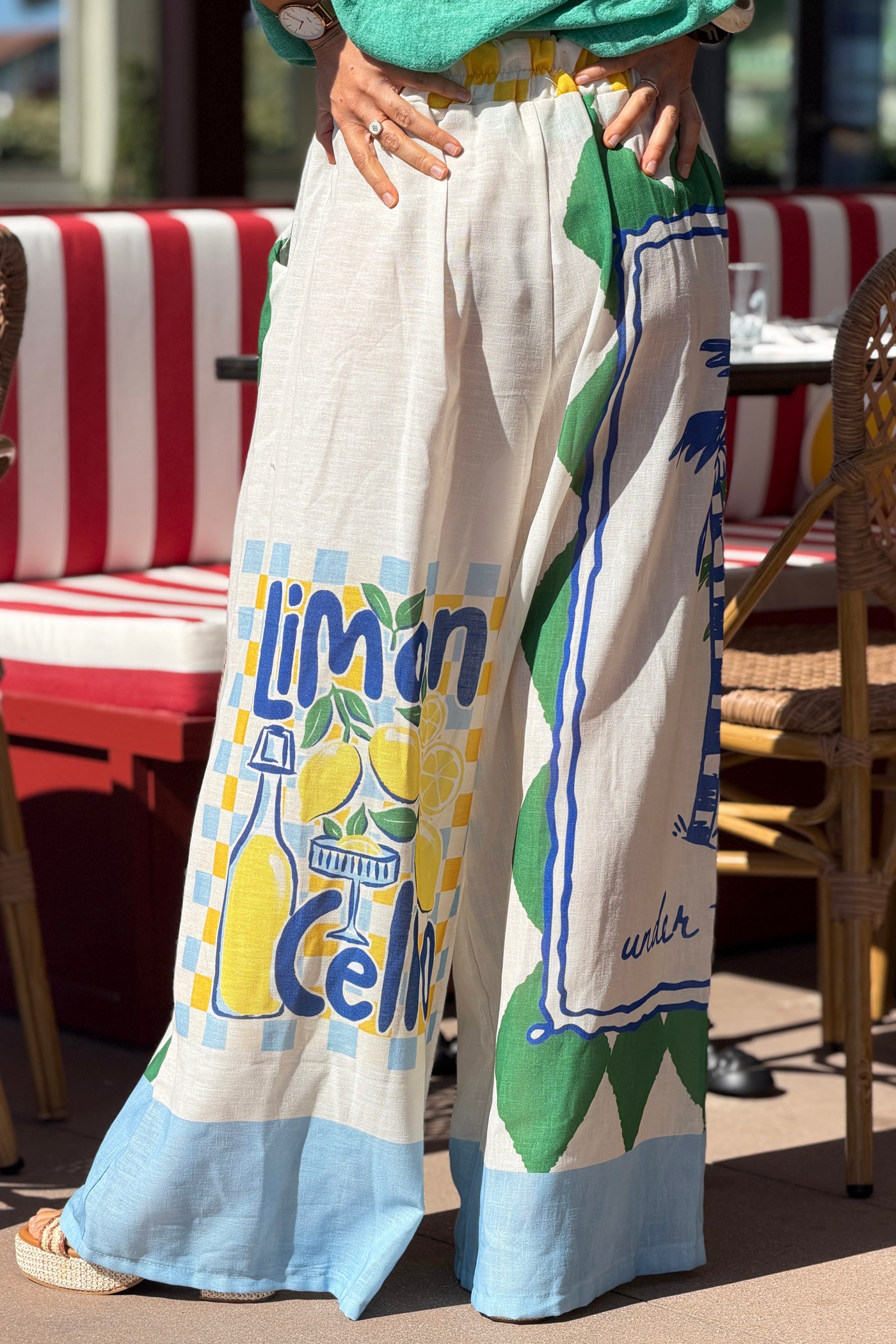 Pantalon large imprimé vert et bleu palmiers Limoncello taille élastique