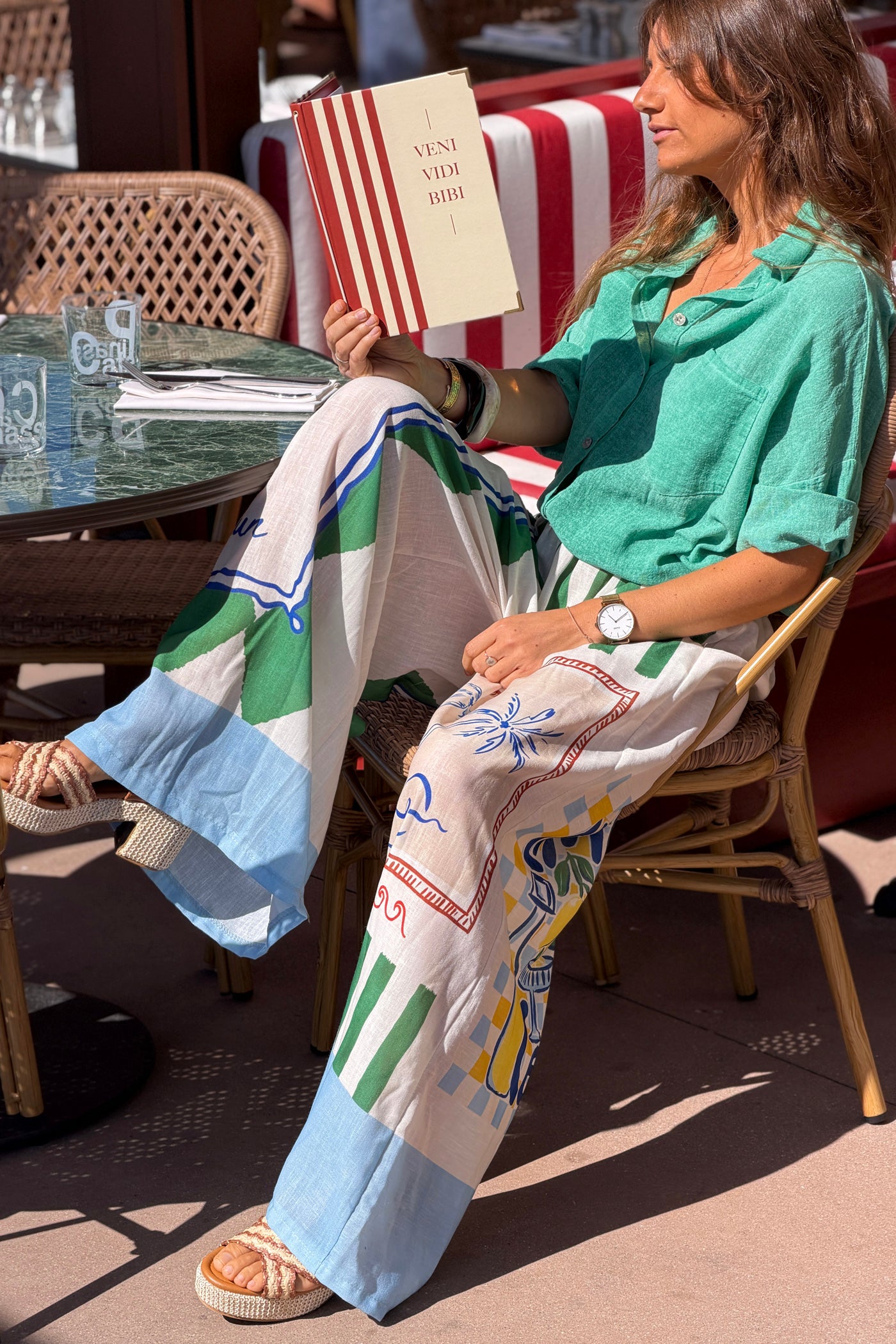 Pantalon large imprimé vert et bleu palmiers Limoncello taille élastique