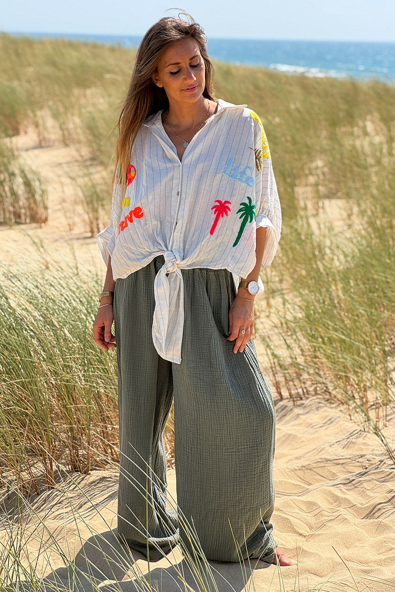 Pantalon large kaki en gaze de coton ceinture smockée