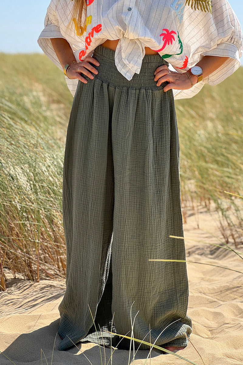Pantalon large kaki en gaze de coton ceinture smockée