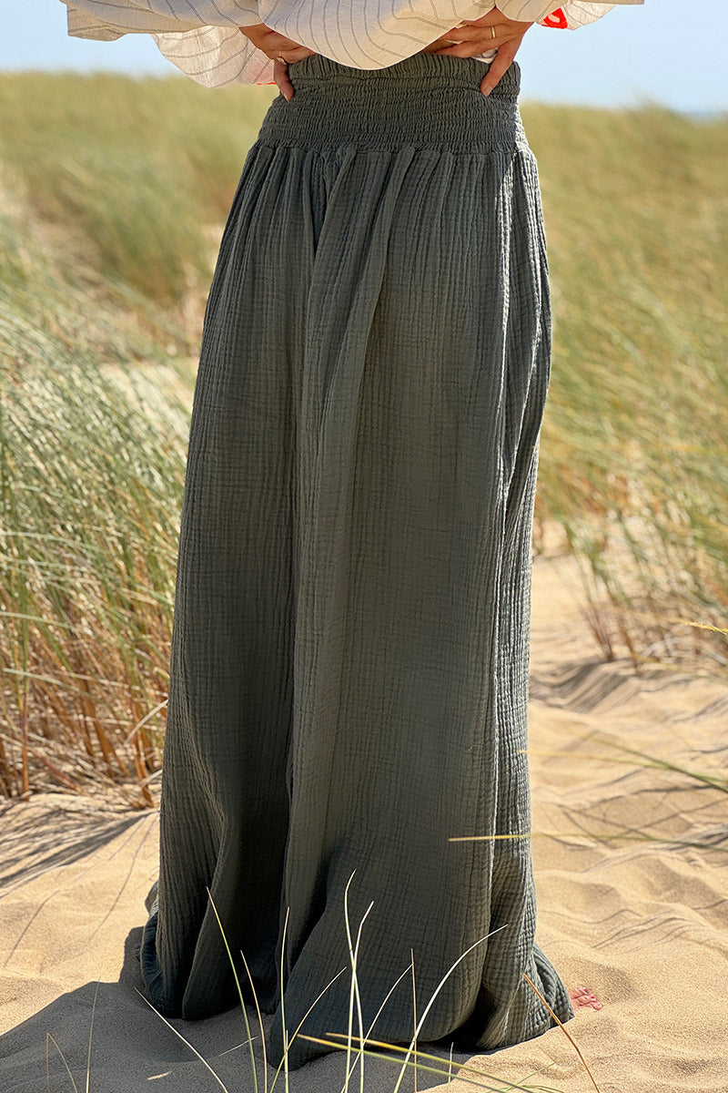 Pantalon large kaki en gaze de coton ceinture smockée