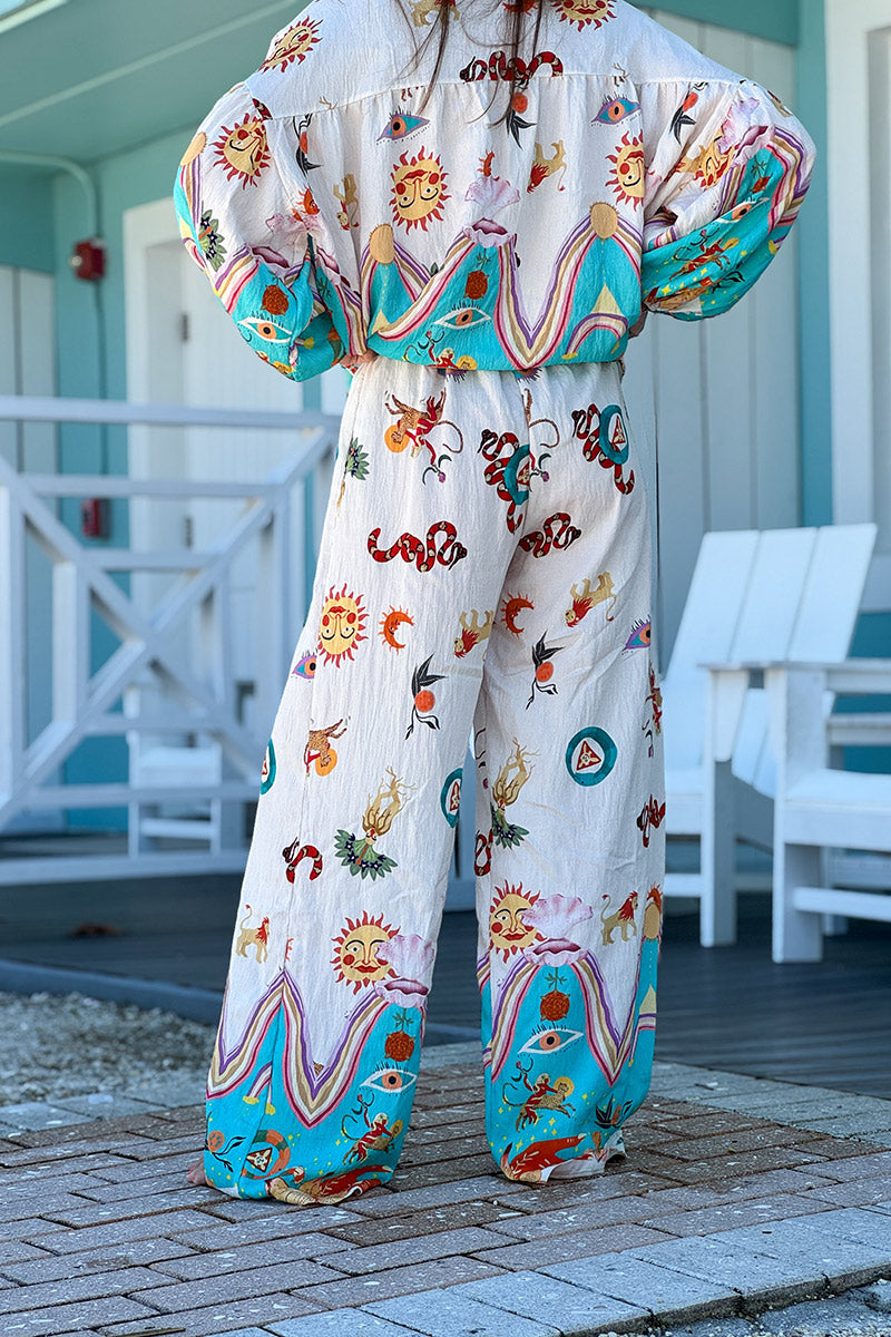 White Animal Parade Silky Palazzo Trousers