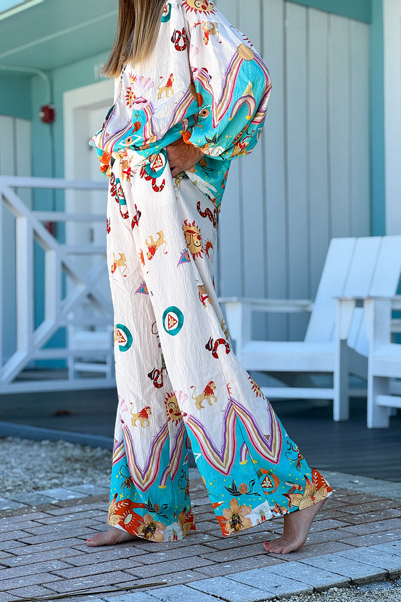 White Animal Parade Silky Palazzo Trousers